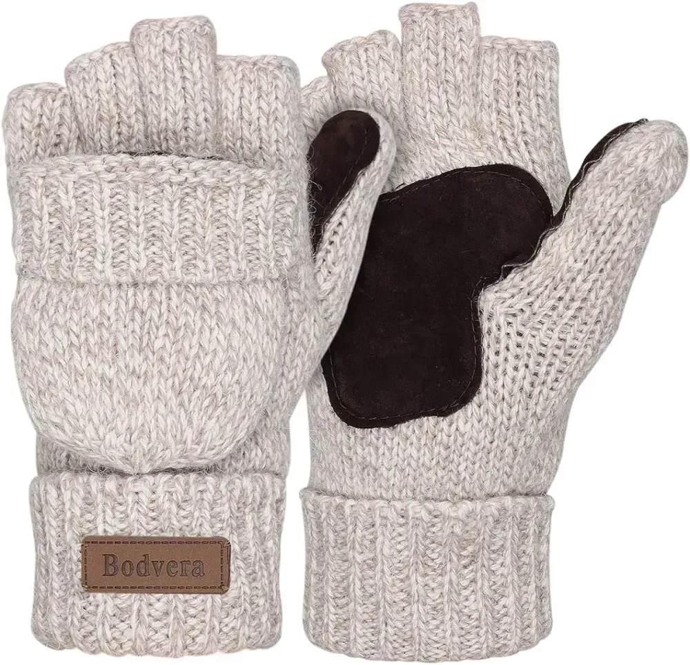 Bodvera Thermal Insulation Fingerless Texting Wool Gloves for Women and Men Winter Warm Knitted Convertible Mittens Flap