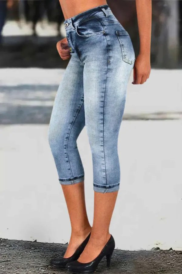 Roll Hem Wash High Stretch High Waist Capri Jeans