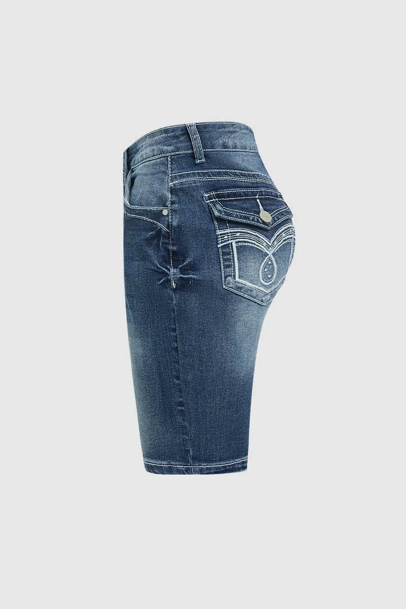 Embroidery Flap Pocket High Rise Denim Mid Thigh Shorts