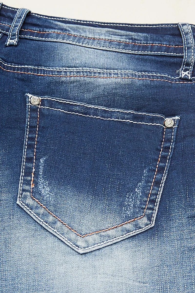 Ripped Roll Hem Low Waist Denim Mid Thigh Shorts