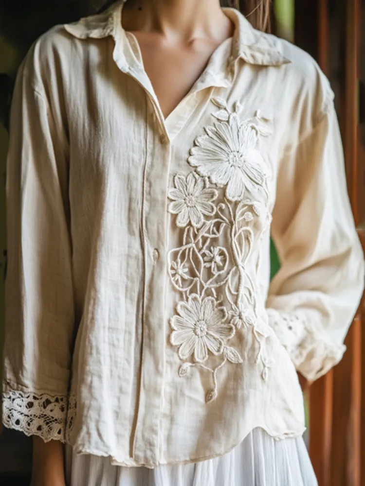 Women's Floral Lace Embroidery Art Long Sleeve Casual Shirt