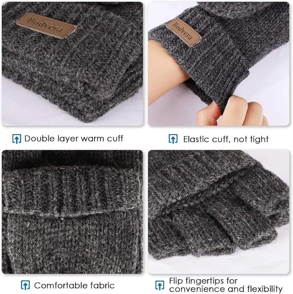 Bodvera Thermal Insulation Fingerless Texting Wool Gloves for Women and Men Winter Warm Knitted Convertible Mittens Flap