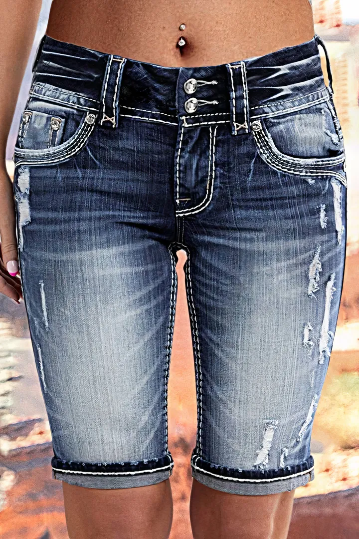 Double Button Ripped Roll Hem Mid Rise Denim Bermuda Shorts
