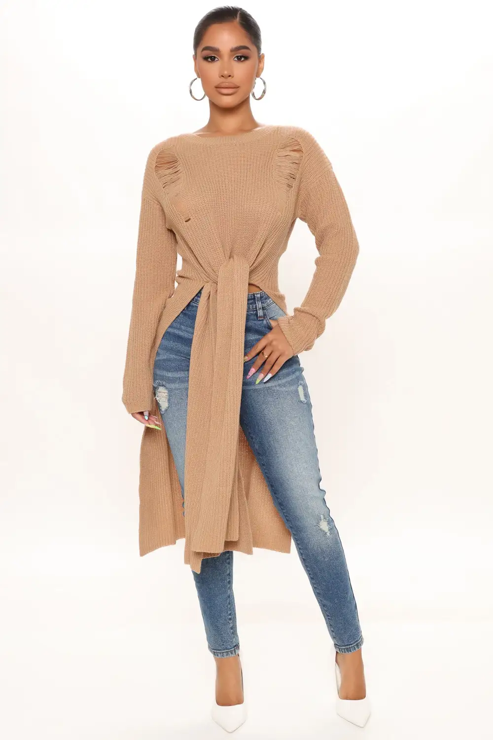 Kara Tie Front Sweater - Tan