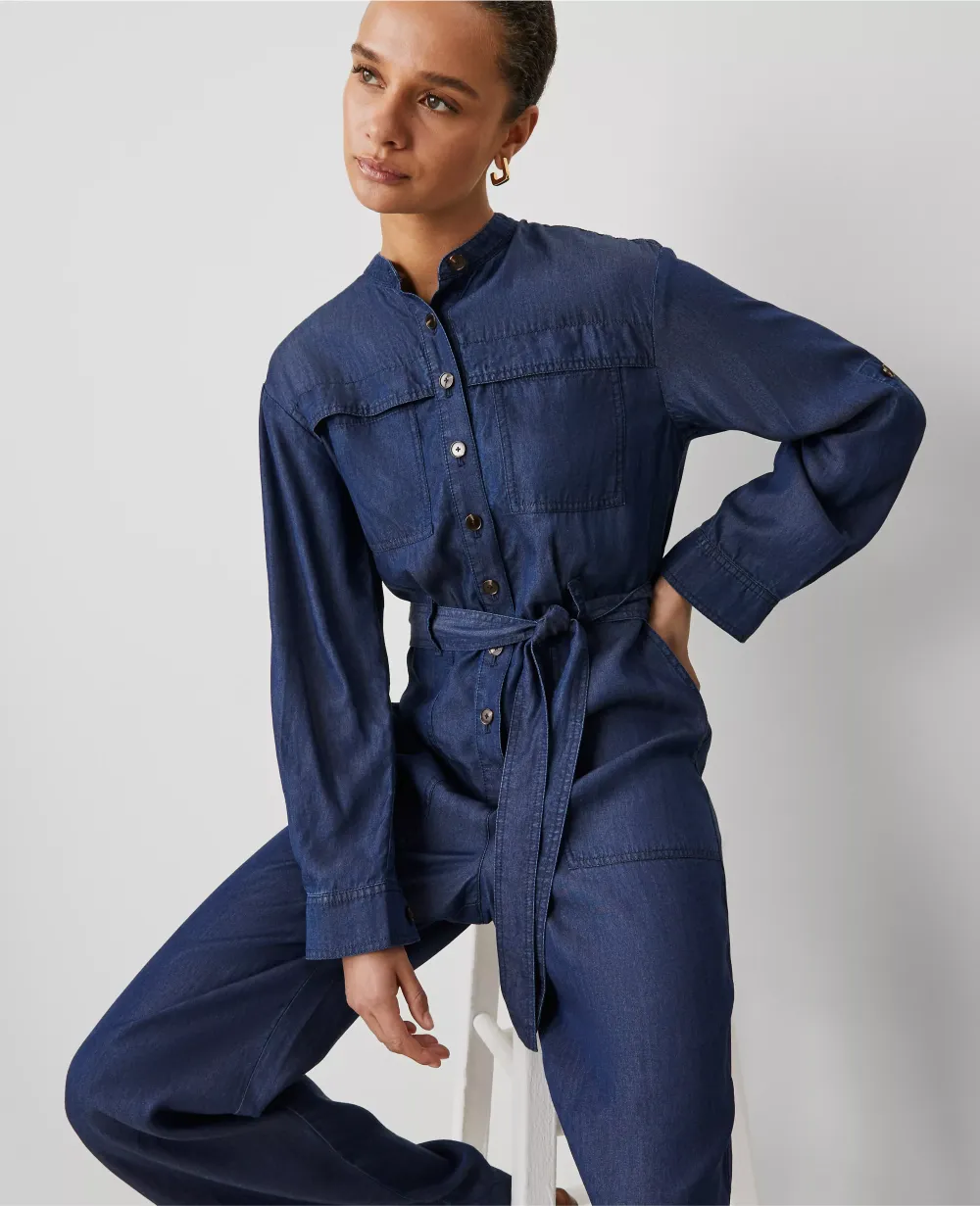 Weekend Collection Chambray Stand Collar Jumpsuit