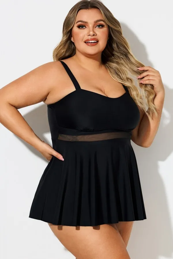 Plus Size Black Contrast Mesh Sweetheart Neck Swimdress