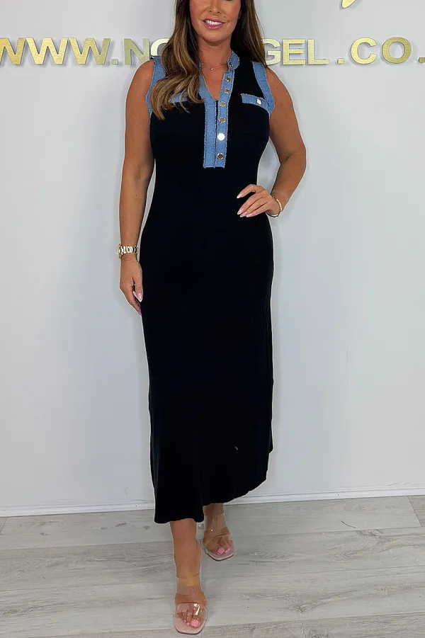 Women'S Contrast Color Stitching Denim Knitted Sleeveless Dress