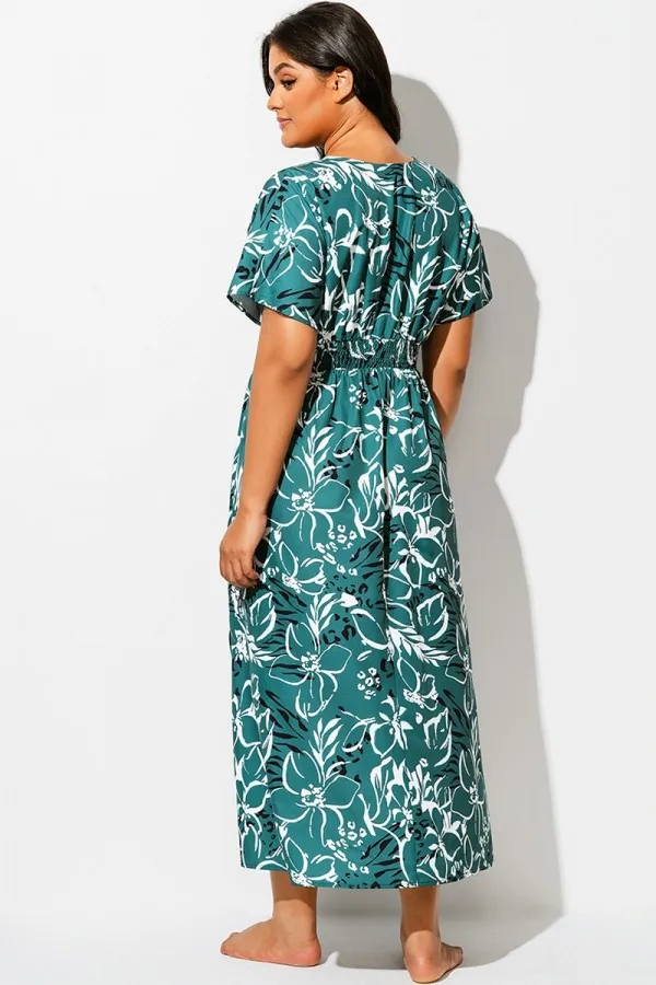Green V-Neck Sleeves Maxi Cover Up Dress