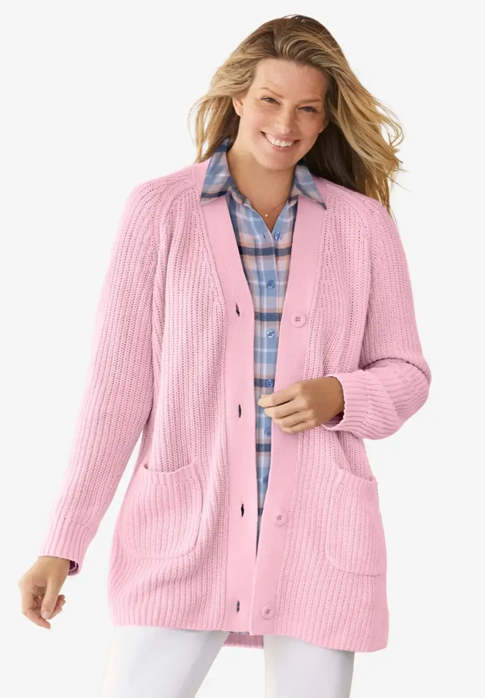 Button-Front Shaker Cardigan