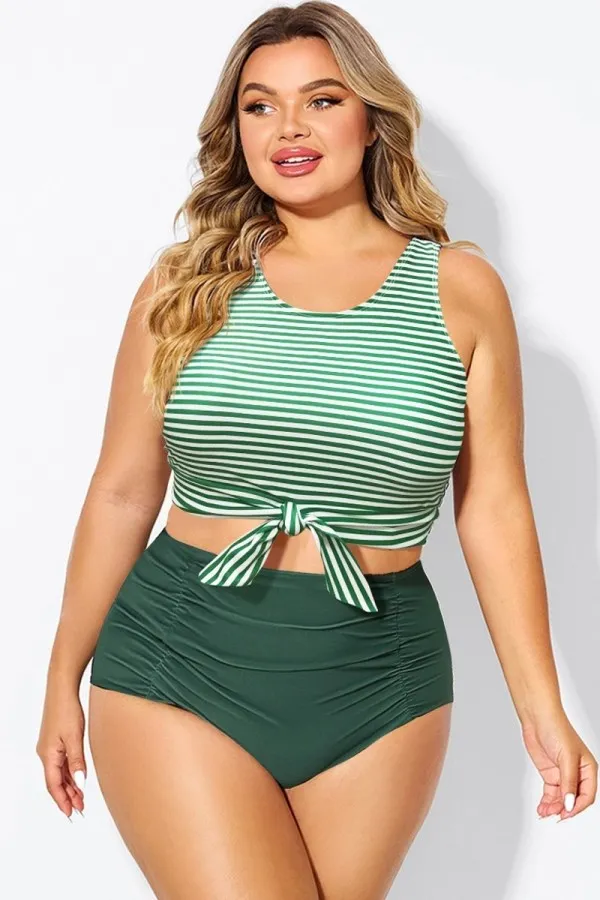 Plus Size Green Stripe Knotted Crop Bikini Top