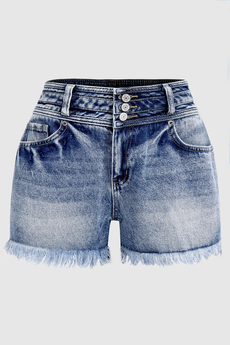 Wash Button Fly Raw Hem Mid Rise Denim Shorts