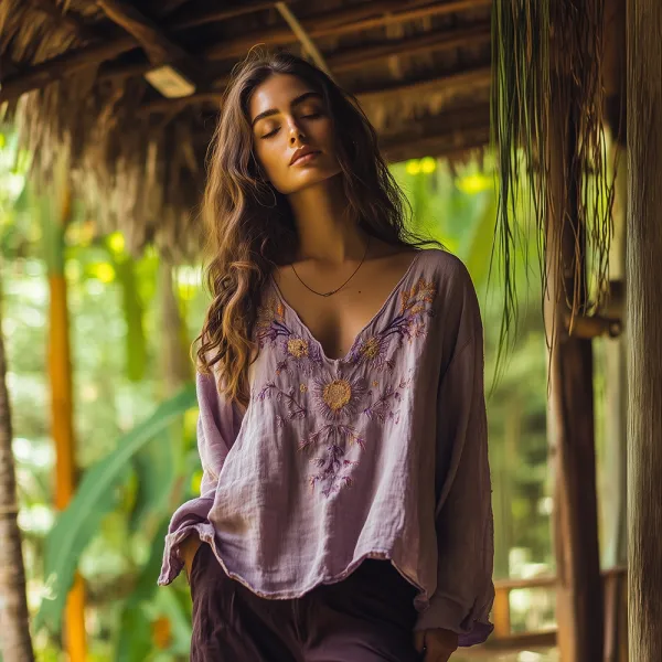 Vintage Bohemian Floral Gold Thread Embroidery Linen V-neck T-shirt