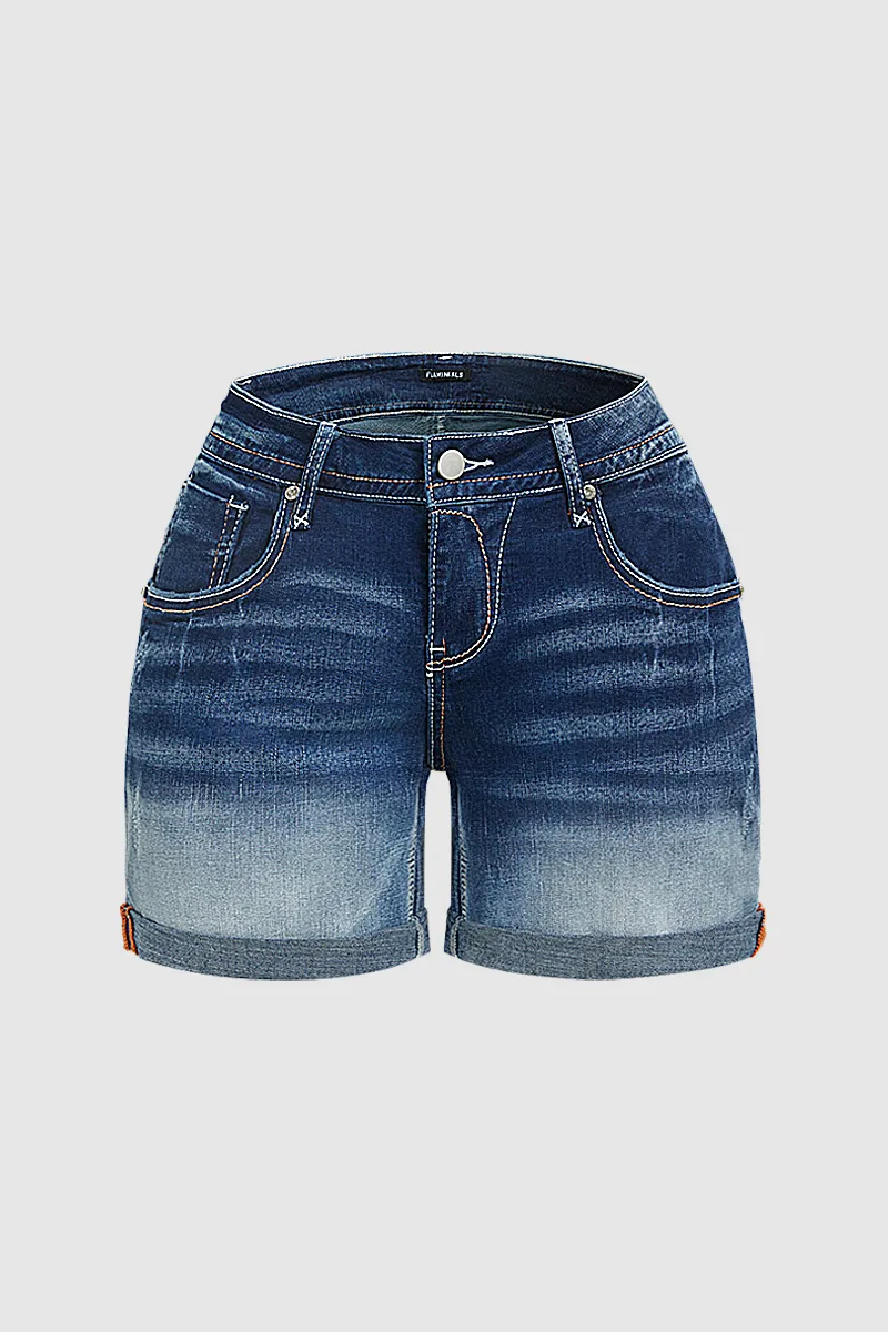 Ripped Roll Hem Low Waist Denim Mid Thigh Shorts