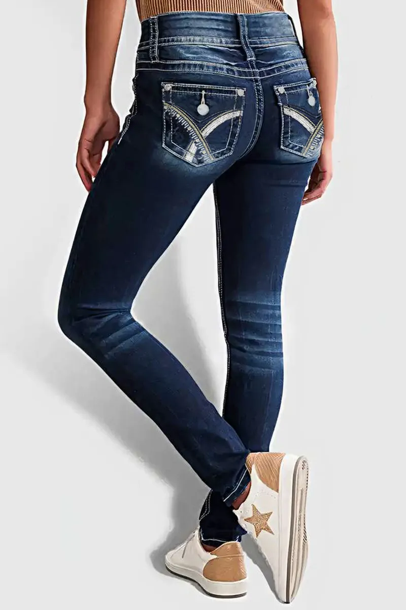 Double Button Wash High Stretch Mid Waist Skinny Jeans