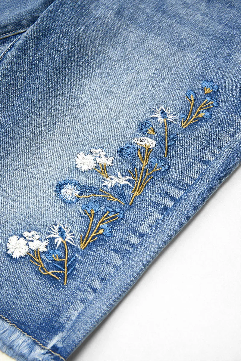Floral Embroidery Raw Hem Mid Rise Denim Bermuda Shorts