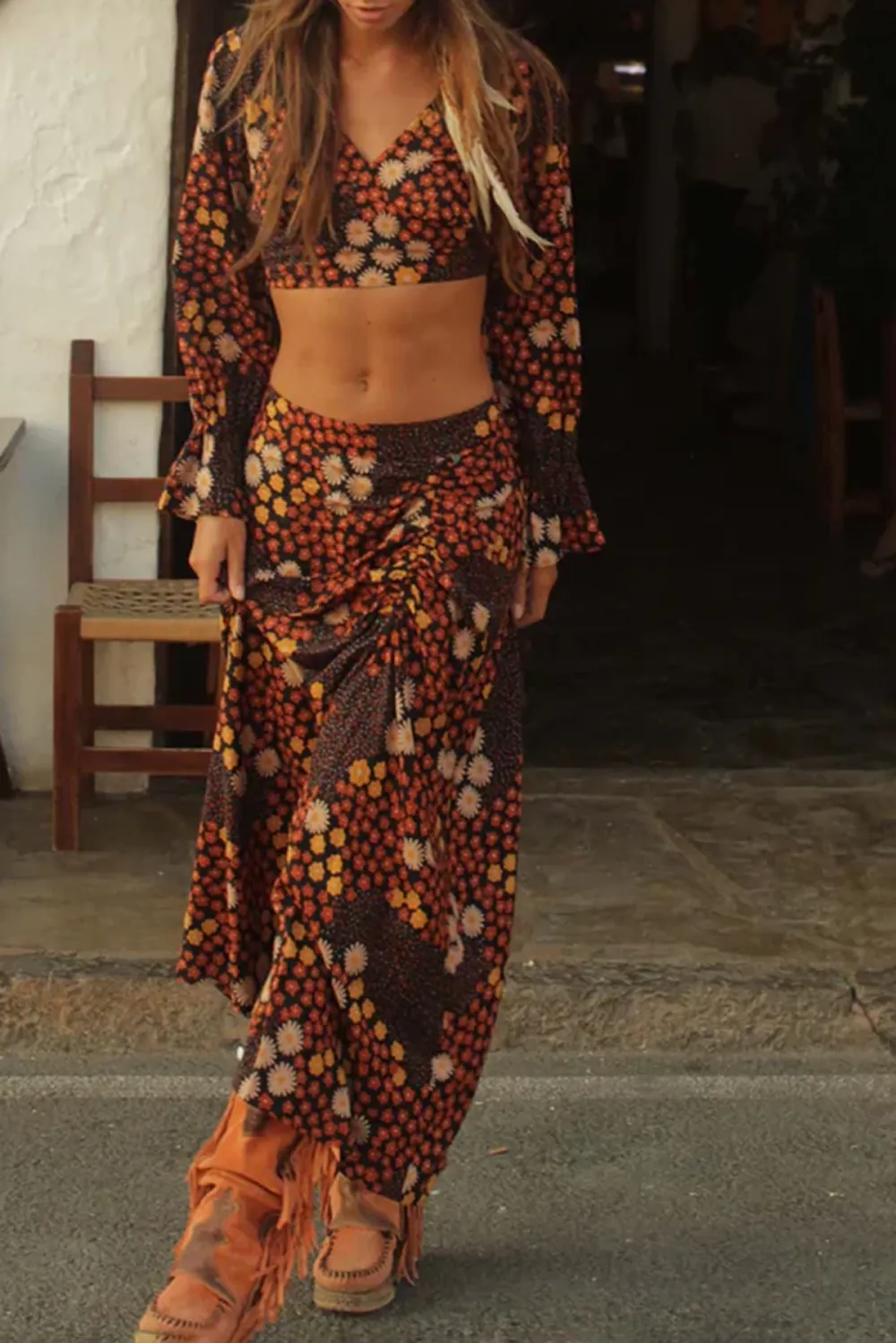 Brown And Orange Floral Print Crop Top And Skirt Set