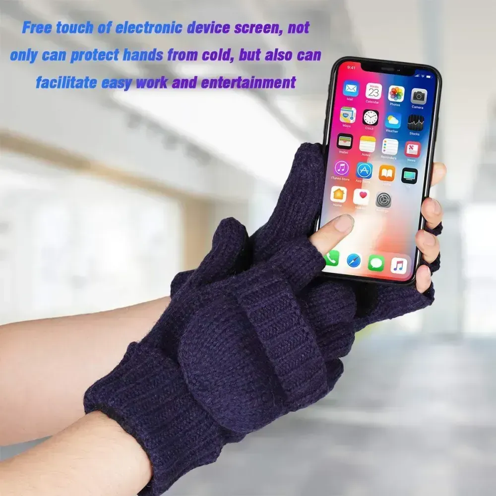 Bodvera Thermal Insulation Fingerless Texting Wool Gloves for Women and Men Winter Warm Knitted Convertible Mittens Flap