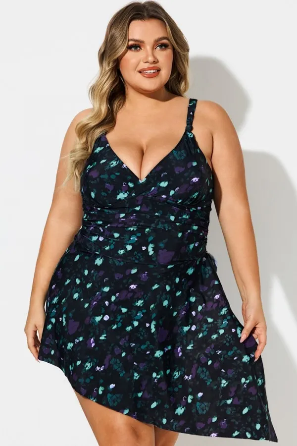 Knotted Front Straps Floral Print V-Neck Asymmetric Swimdress