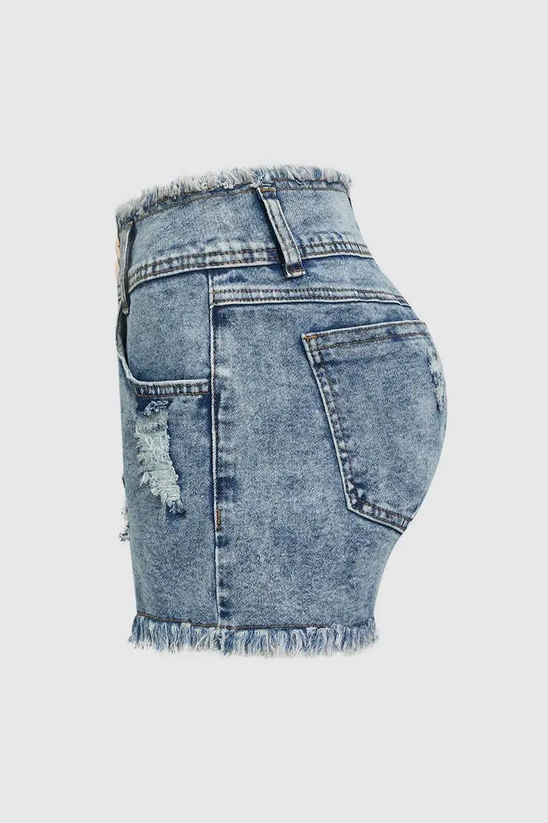 Ripped Raw Trim High Waist Denim Shorts