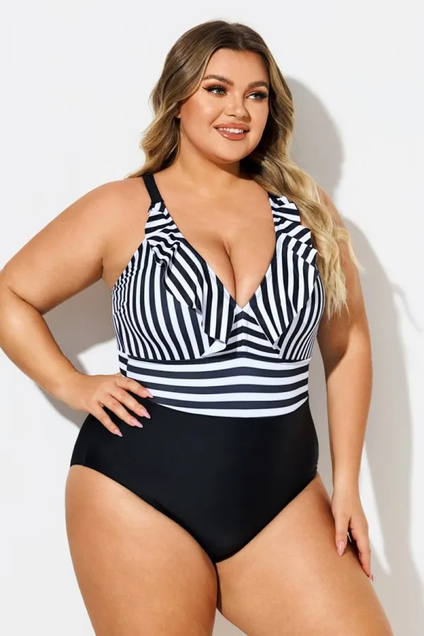Plus Size Stripe Ruffle Trim V-Neck One Piece Swimsuit