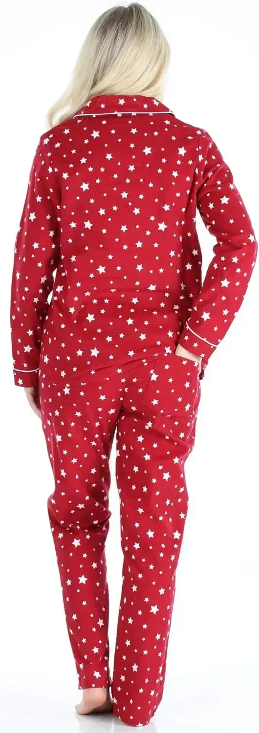 Women's Cotton Flannel Long Sleeve Button-Down Pajamas PJ Set