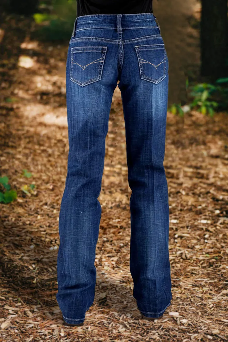 Stitch Detail Wash Mid Waist Straight Leg Jeans