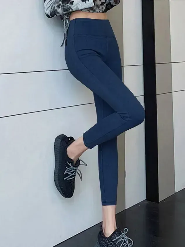 High elastic plain washed denim Leggings