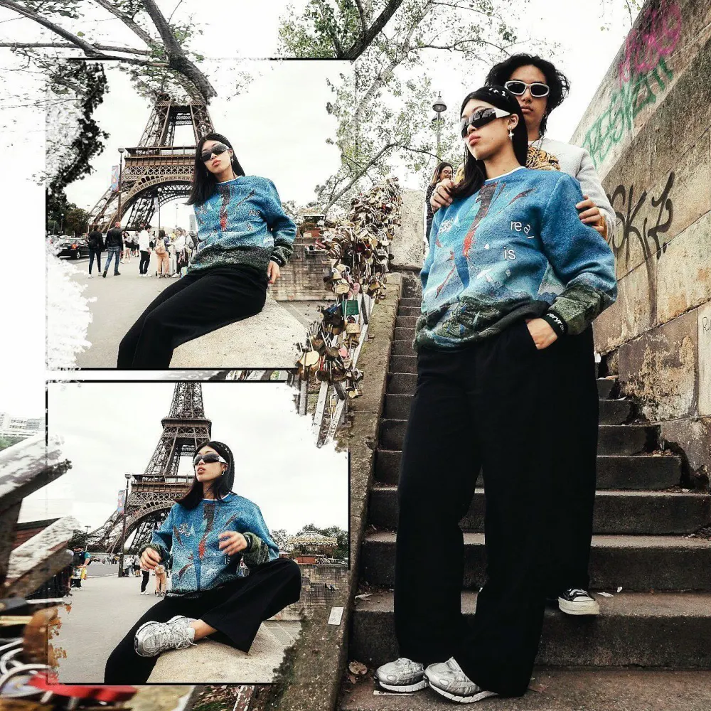 Blue Sweater Renaissance Street Wear Fashion Printing Seasonal Trend Special Design