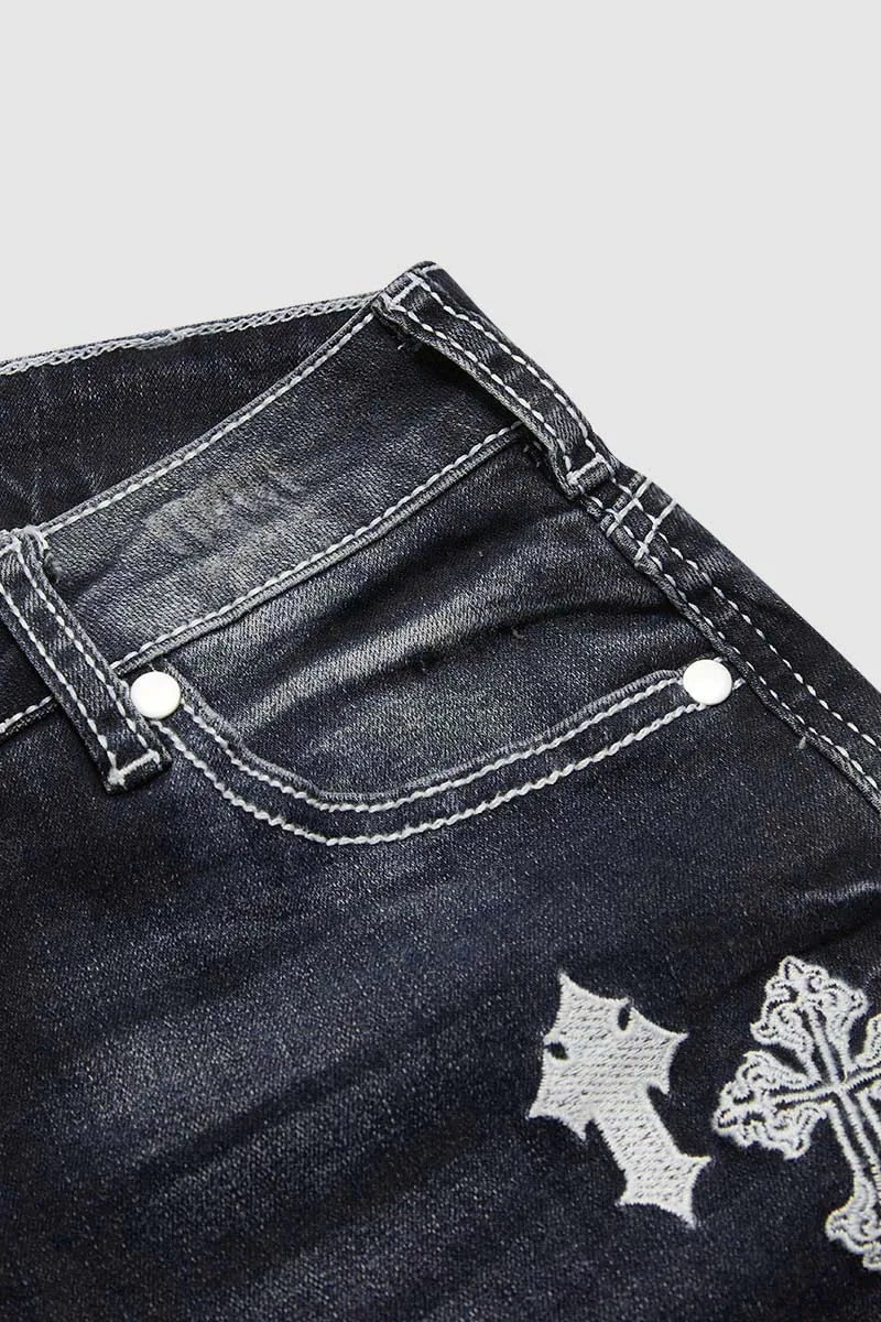 Wash Cross Embroidery Low Rise Bootcut Jeans