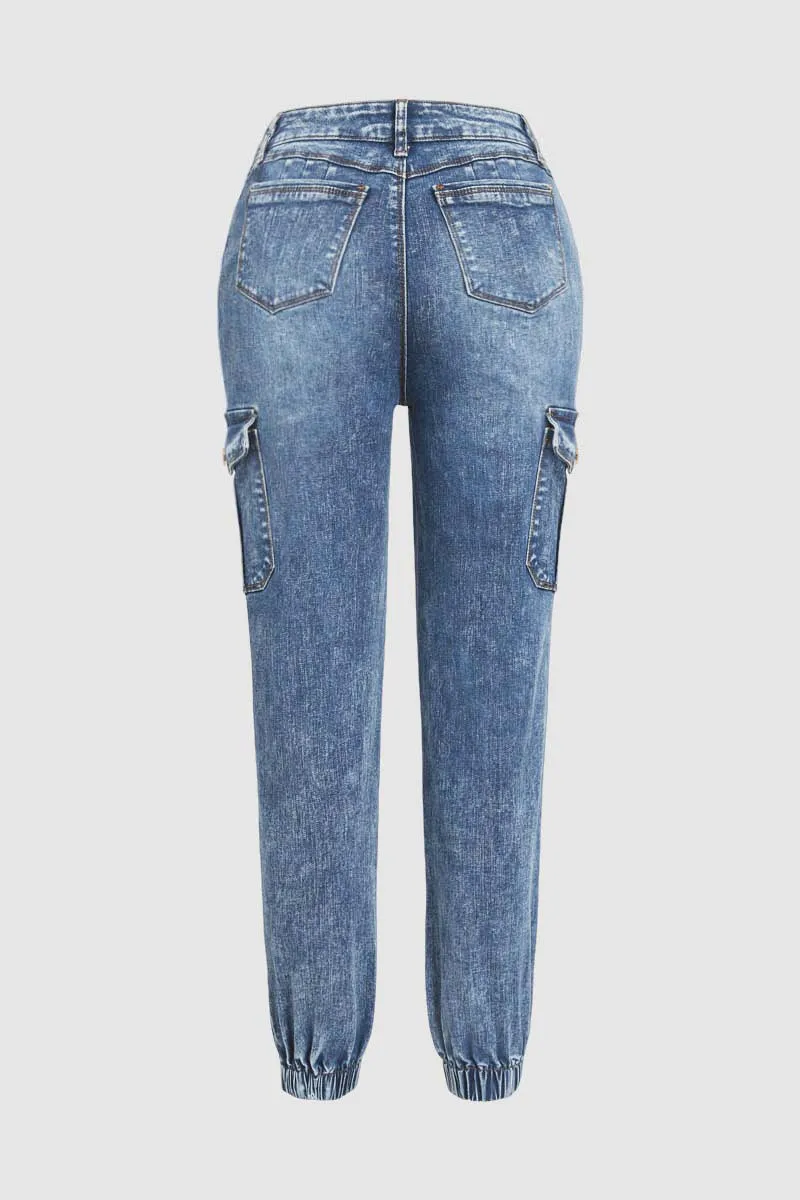 Wash Ripped Flap Pocket High Rise Cargo Jeans