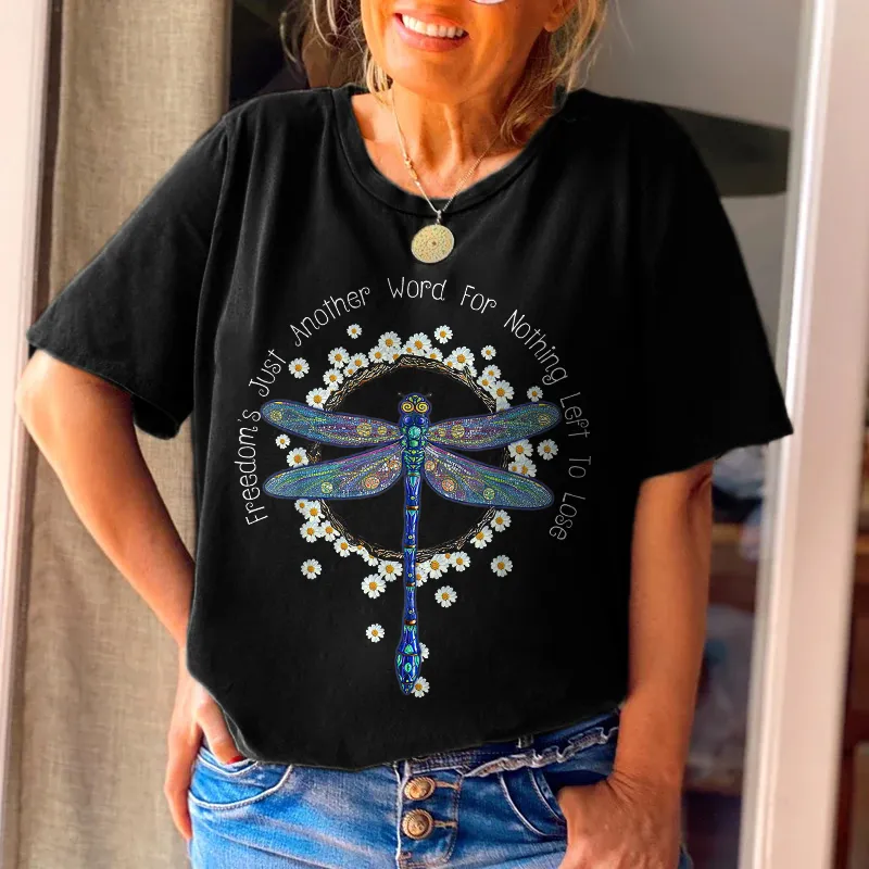 Floral Dragonfly Printed Women Crew Neck Tees