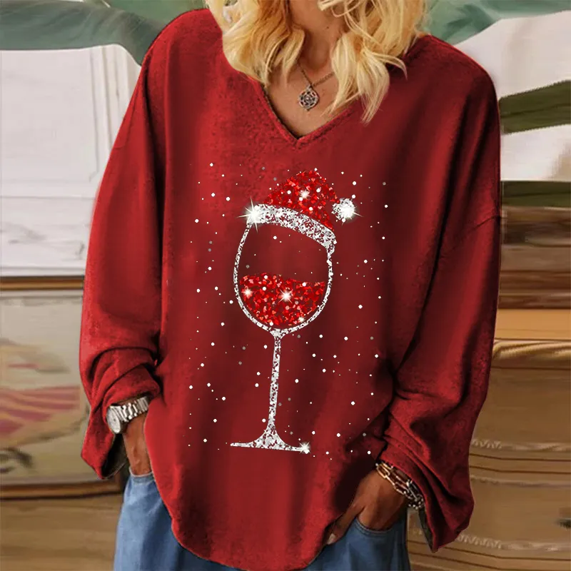 Christmas Hat Wine Glass Printed V-neck Women's T-shirt