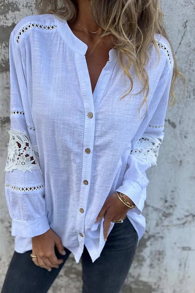 Women's solid color cotton and linen hollow out shirt