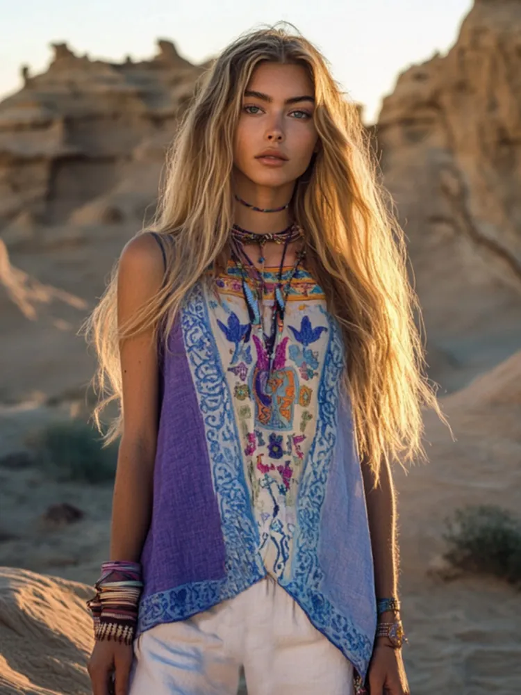 Women's Bohemia Ethnic Floral Patchwork Style Linen Sleeveless Top