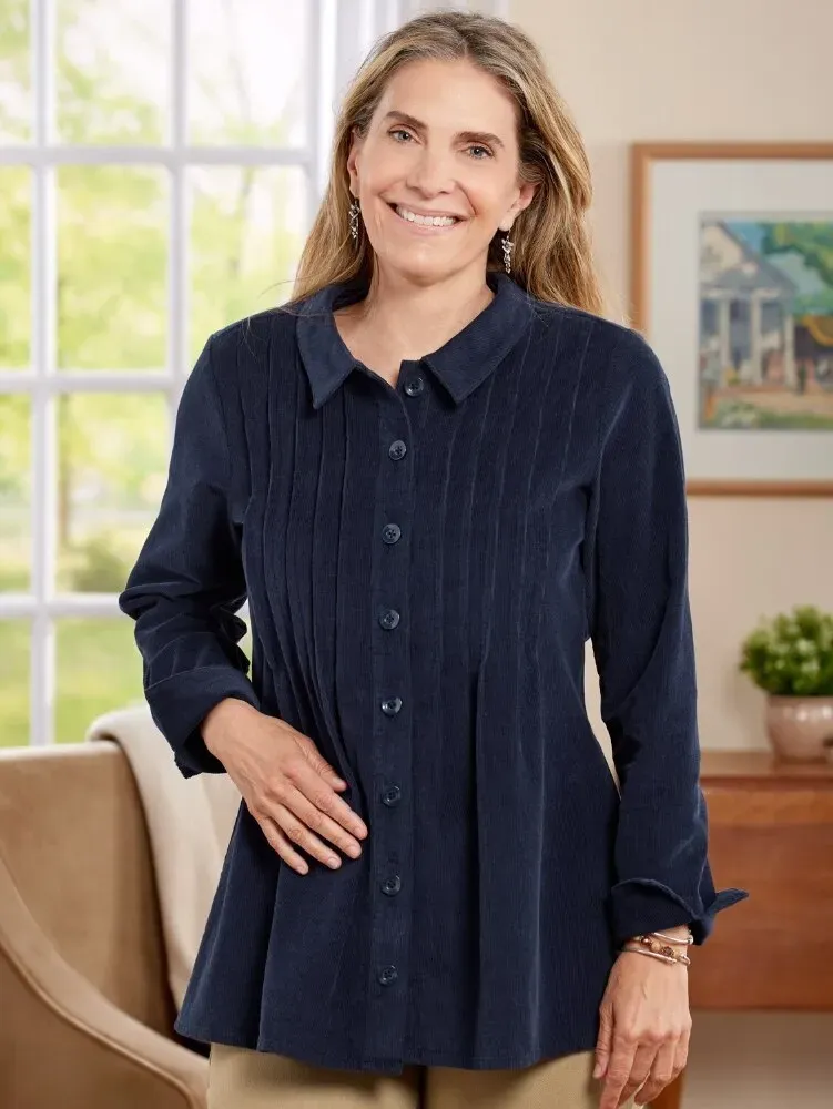 Women's Pintucked Floral Corduroy Tunic Top