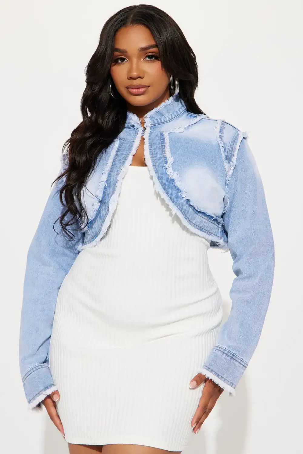 No Excuse Y2K Frayed Denim Bolero Jacket - Light Wash