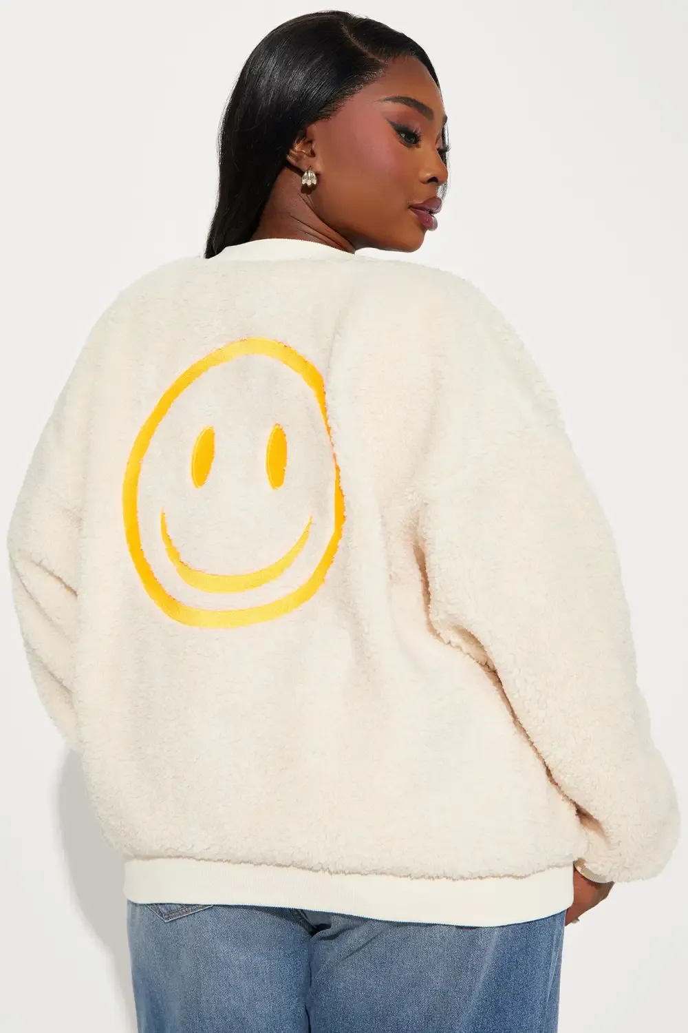 Fake Smiles Embroidered Sherpa Jacket - Cream