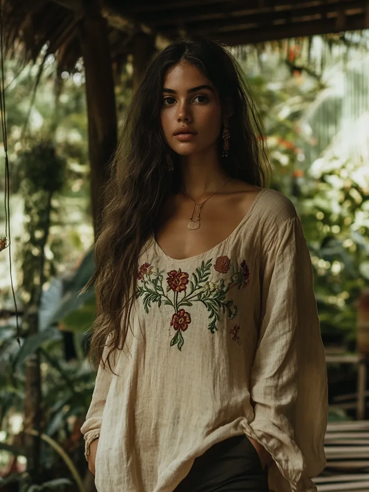 Vintage Bohemian Floral Embroidered Linen Crew Neck T-shirt
