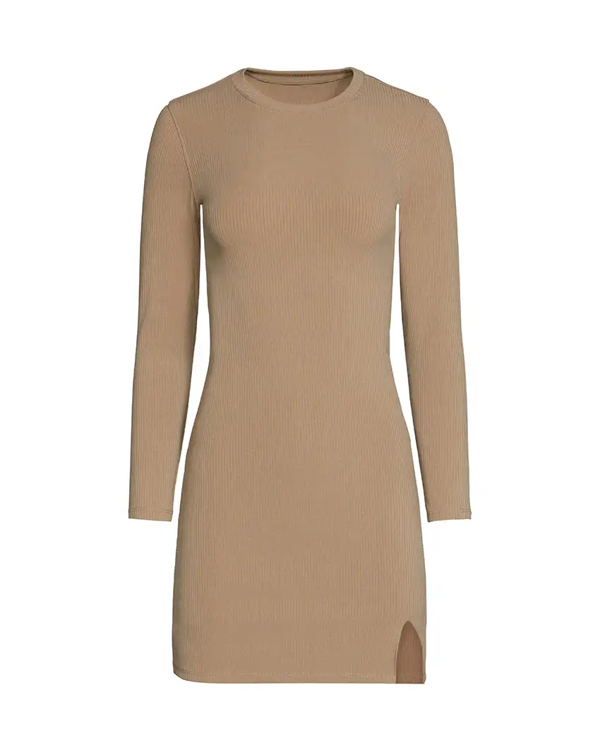 Rib Long Sleeve Split Hem Dress