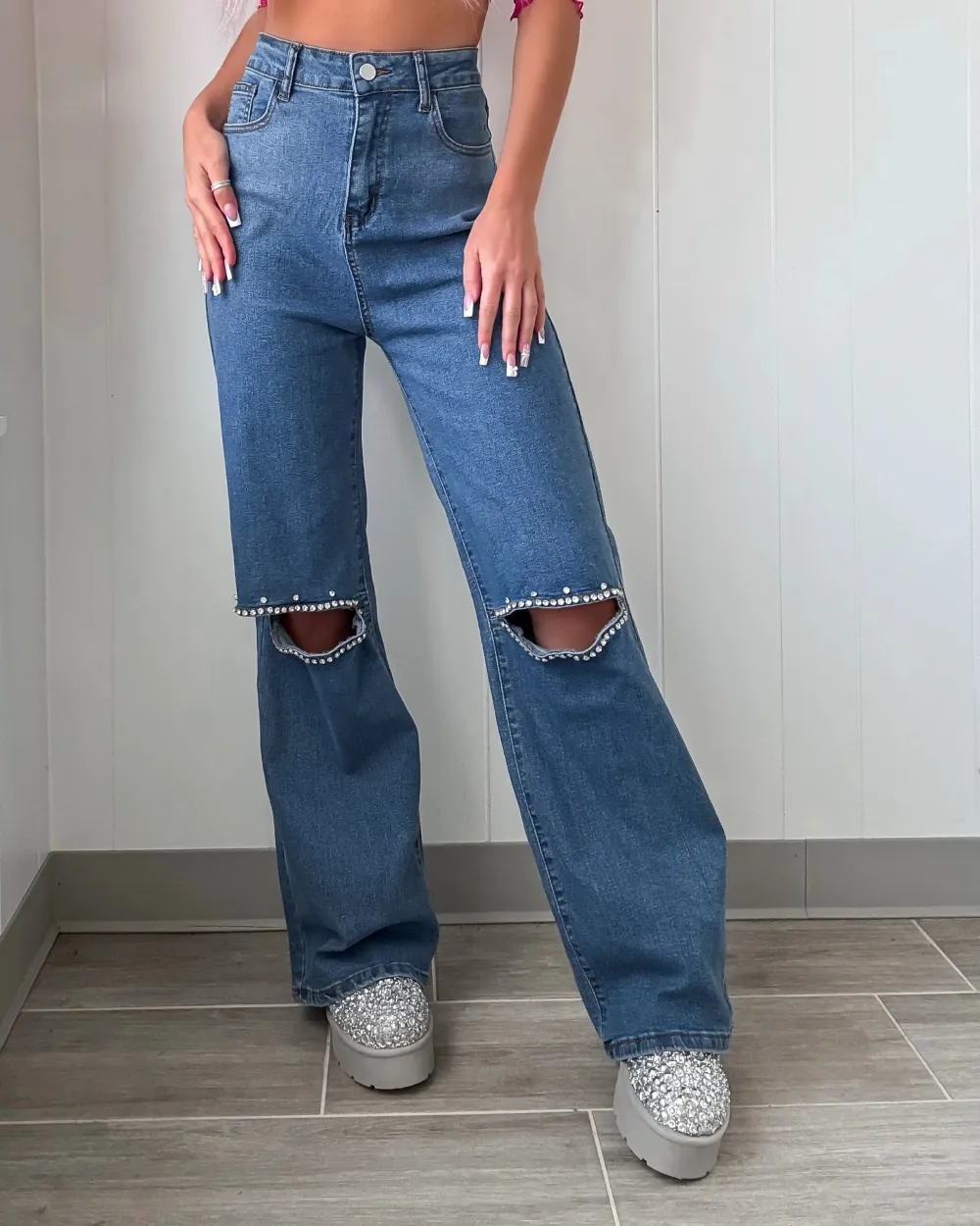 Wide Leg Cutout Jeans - Denim
