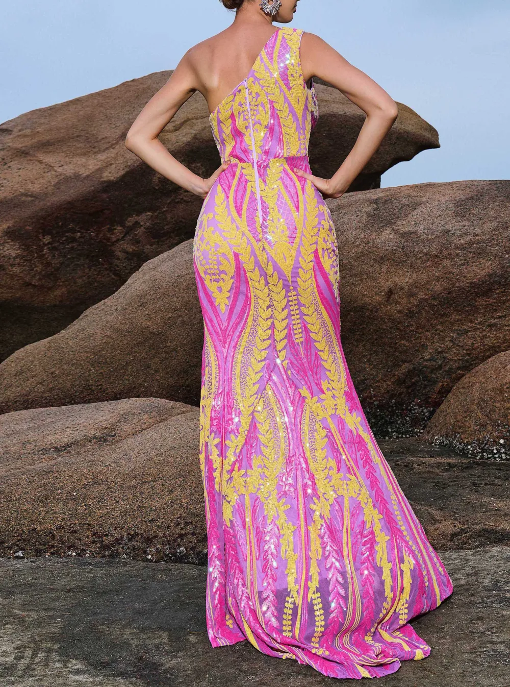 One Shoulder High Split Sequin Dress
