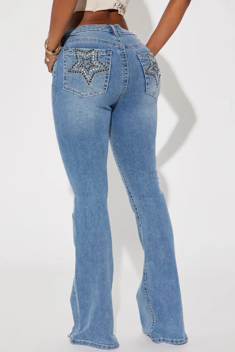 Wish On A Star Embellished Stretch Flare Jean - Light Wash