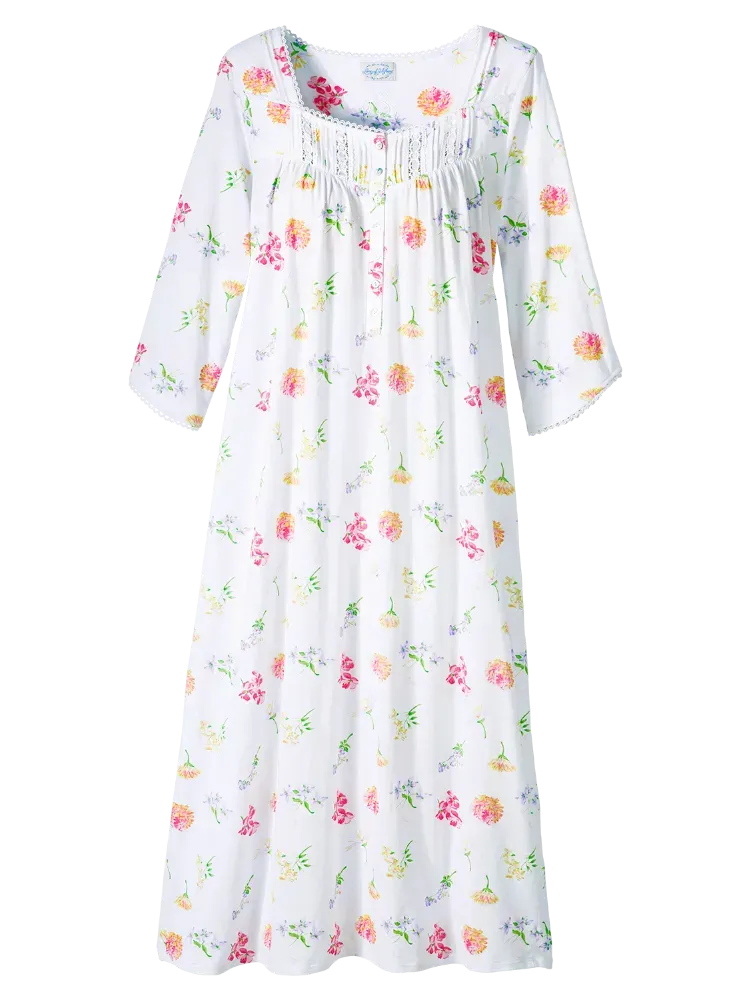 Lanz Tossed Floral Cotton Knit Long Nightgown