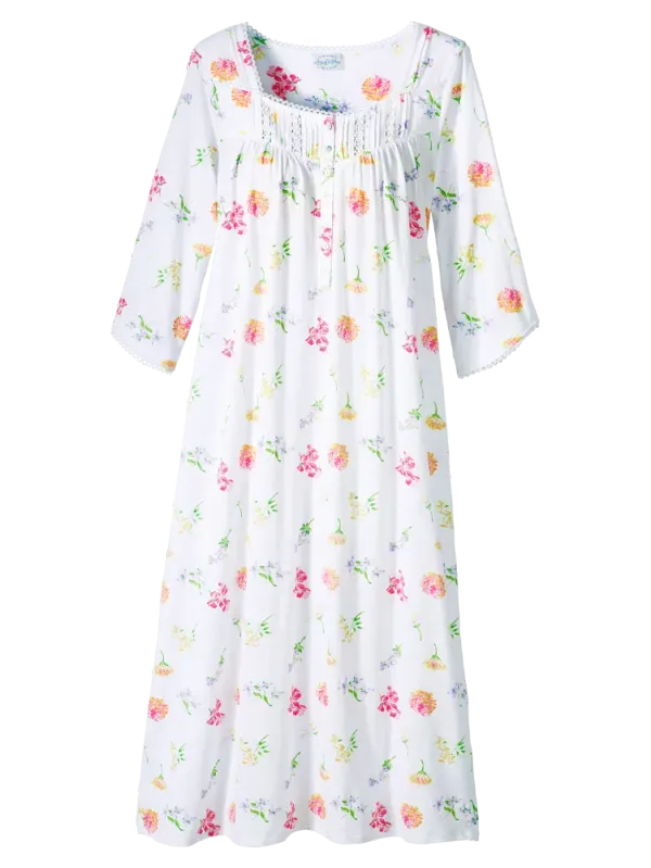 Lanz Tossed Floral Cotton Knit Long Nightgown