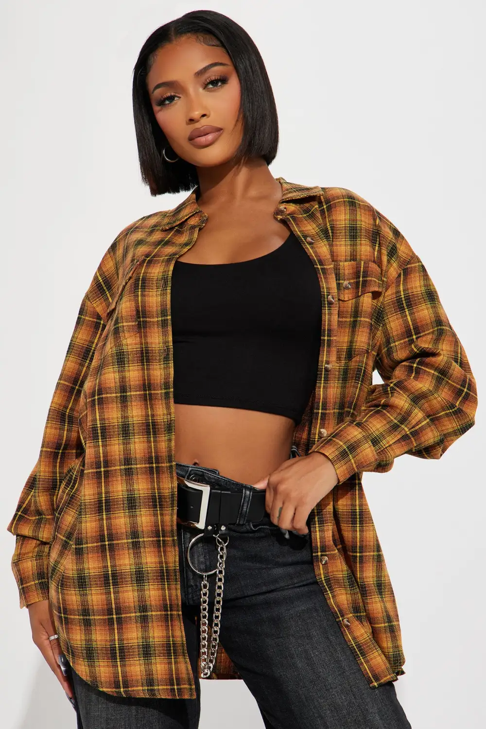Pretty in Plaid Oversized Flannel Top - Mustard/combo