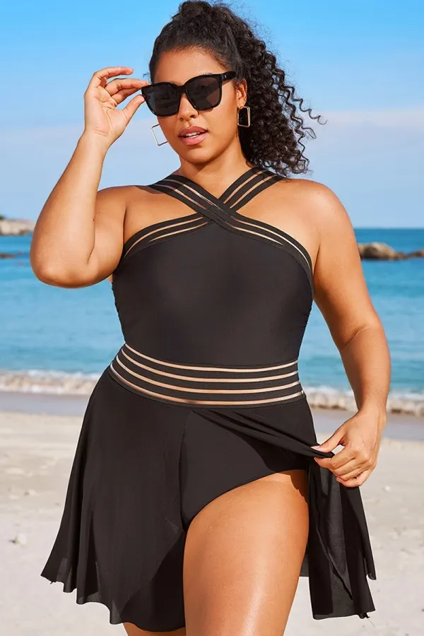 Black Crossover Mesh Vintage One Piece Swimsuit