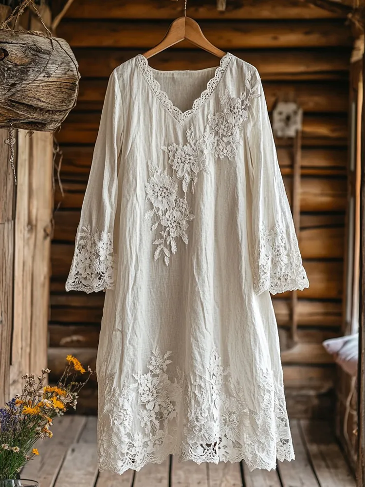 Retro Floral Embroidery Lace Art Linen Blend Maxi Dress
