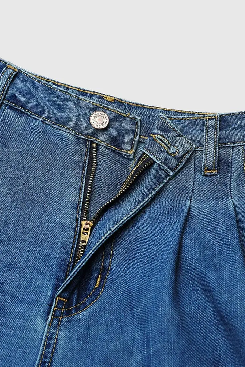 Wash Pleated Detail Wide Leg High Rise Jeans