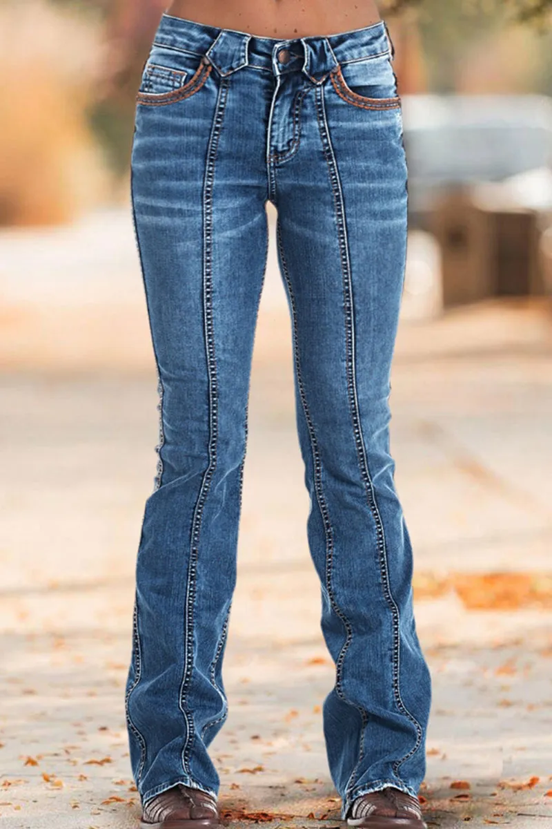 Wash Contrast Stitch Seam Front Low Waist Bootcut Jeans