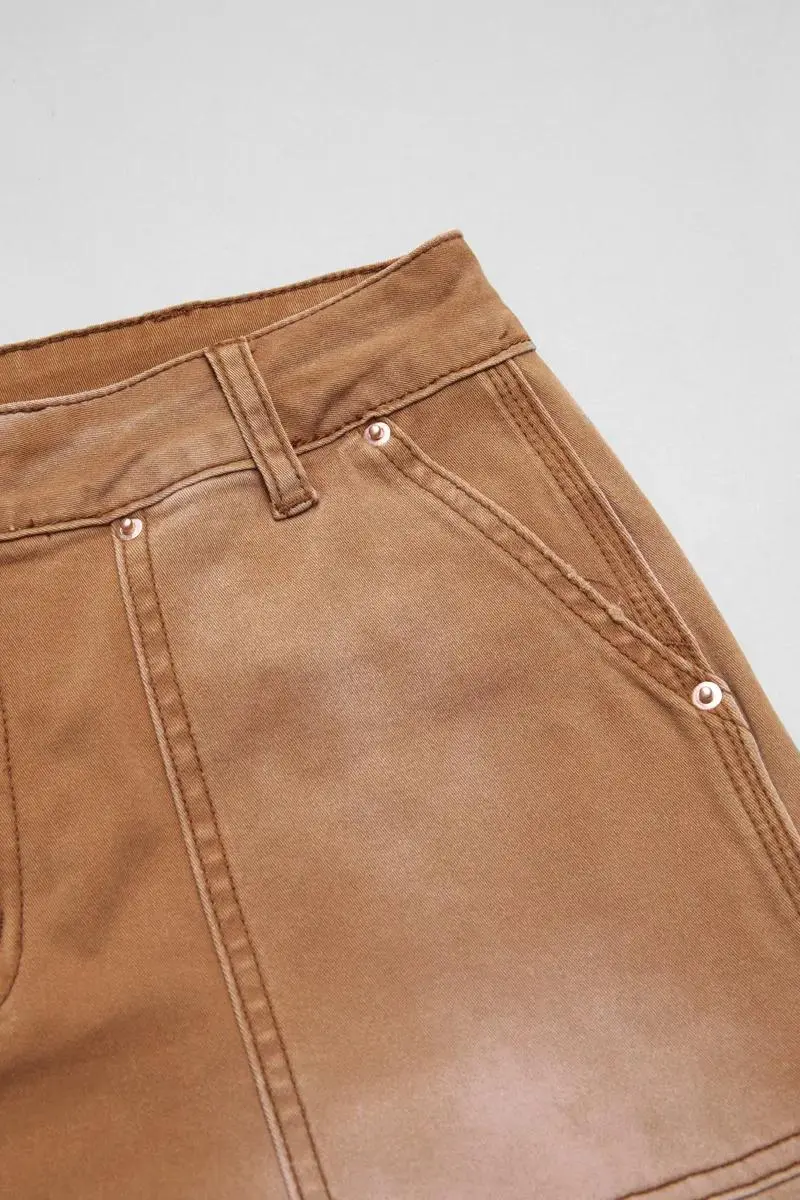 Flap Pocket Back Mid Waist Crop Pants Without Belt